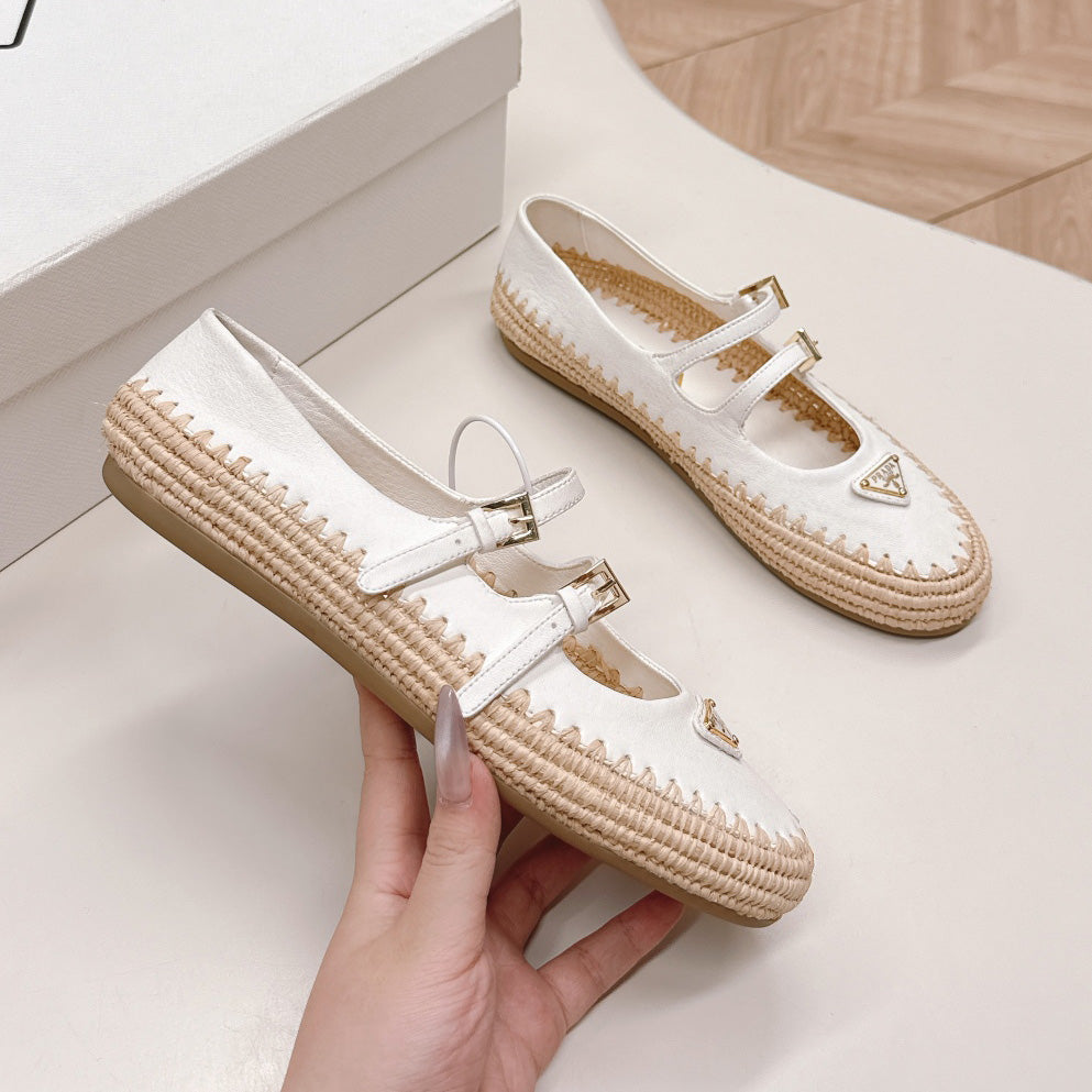 Raffia Straw Mary Jane Flat Single Shoes 1025051503