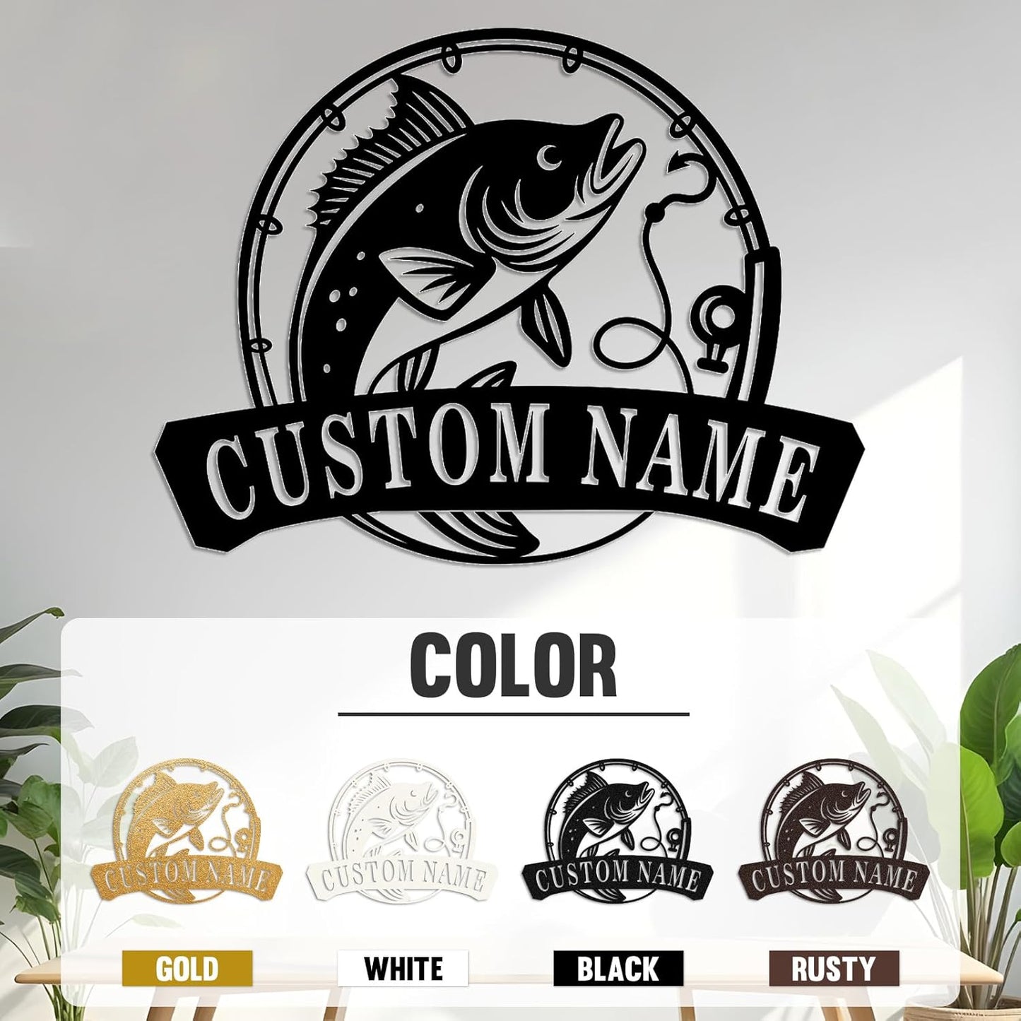 Custom Hook & Bass Metal Sign, Personalized Fishing Wall Art for Anglers