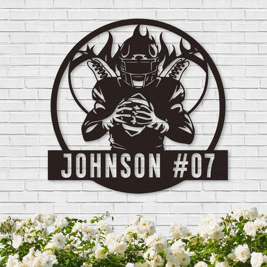 Personalized Football Wall Art with Name and Number, Custom Flaming Player Metal Sign, Sports Decor for Boys Room or Team Gift