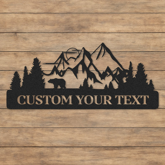 Custom Bear and Mountain Metal Sign, Personalized Cabin Decor, Outdoor Forest Name Sign for Campers