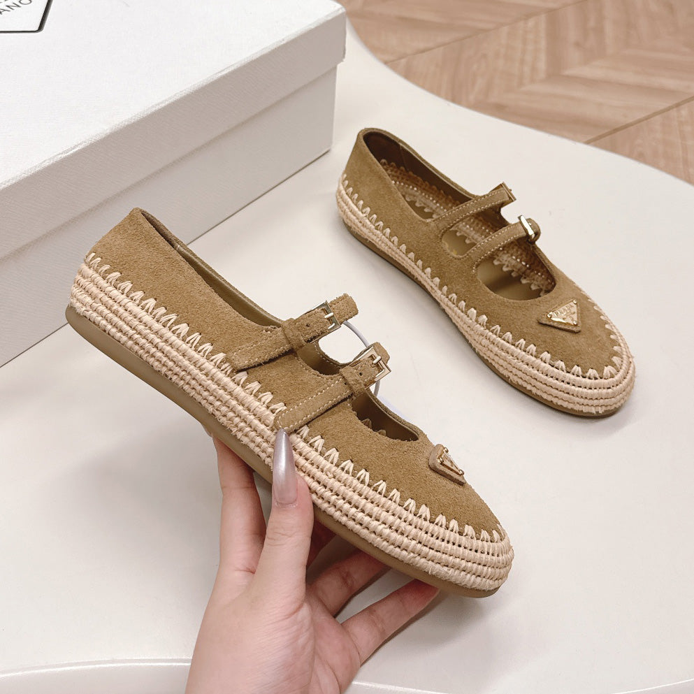Raffia Straw Mary Jane Flat Single Shoes 1025051503