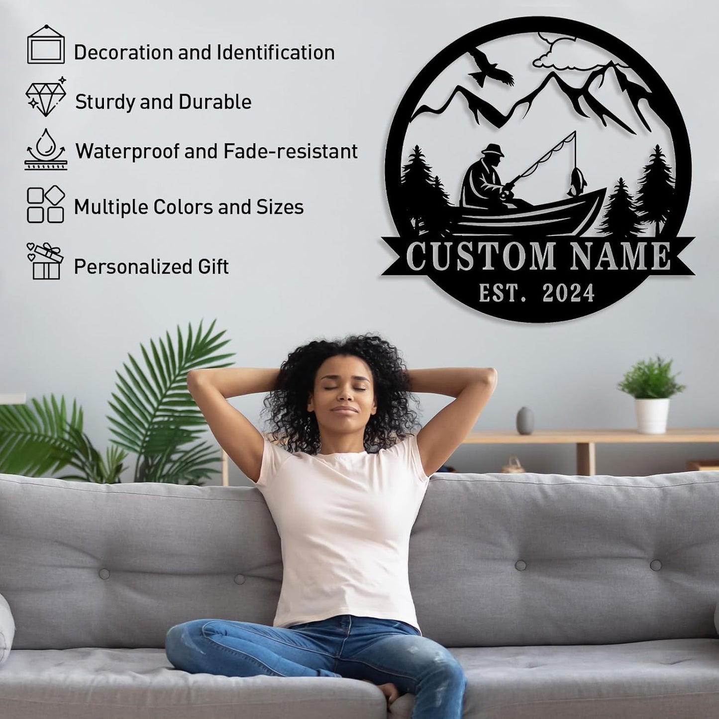 Bass Fishing Boat Metal Sign, Rustic Lake Scene Wall Art for Outdoor Decor