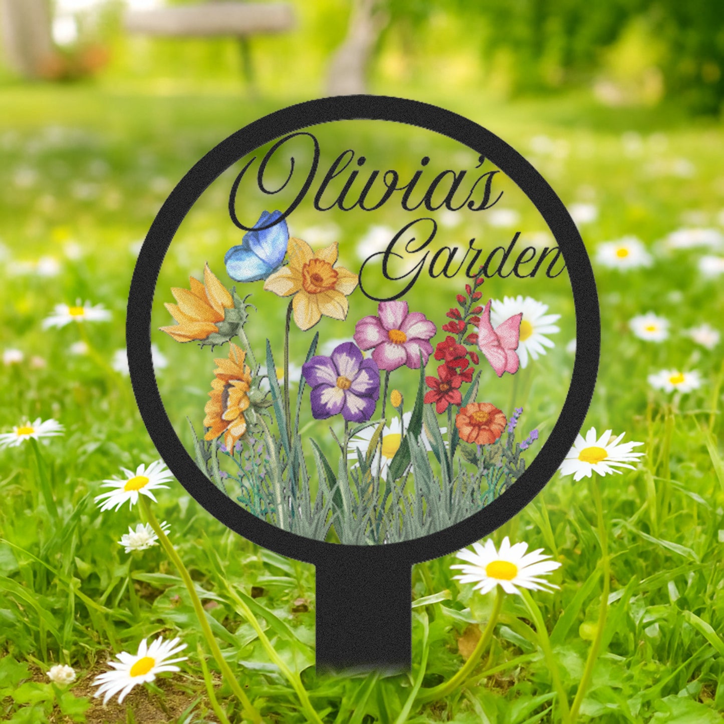 Personalized Garden Name Sign, Custom Colorful Flower Butterfly Metal Yard Sign, Round Garden Stake Outdoor Decor for Backyard, Patio, or Planter