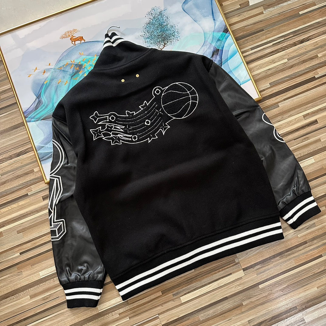 Embroidered leather sleeve baseball jacket XC0823102608