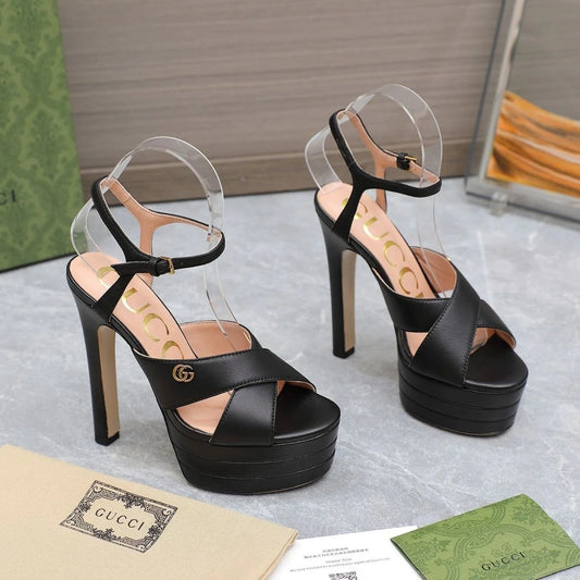 New Black Leather G Logo women's fashion high-heeled