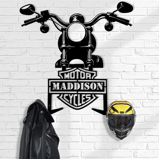 Custom Motorcycle Front View Helmet Holder Wall Mount, Personalized Metal Motorcycle Hanger with Hooks, Garage Organizer Rack for Helmet and Jacket