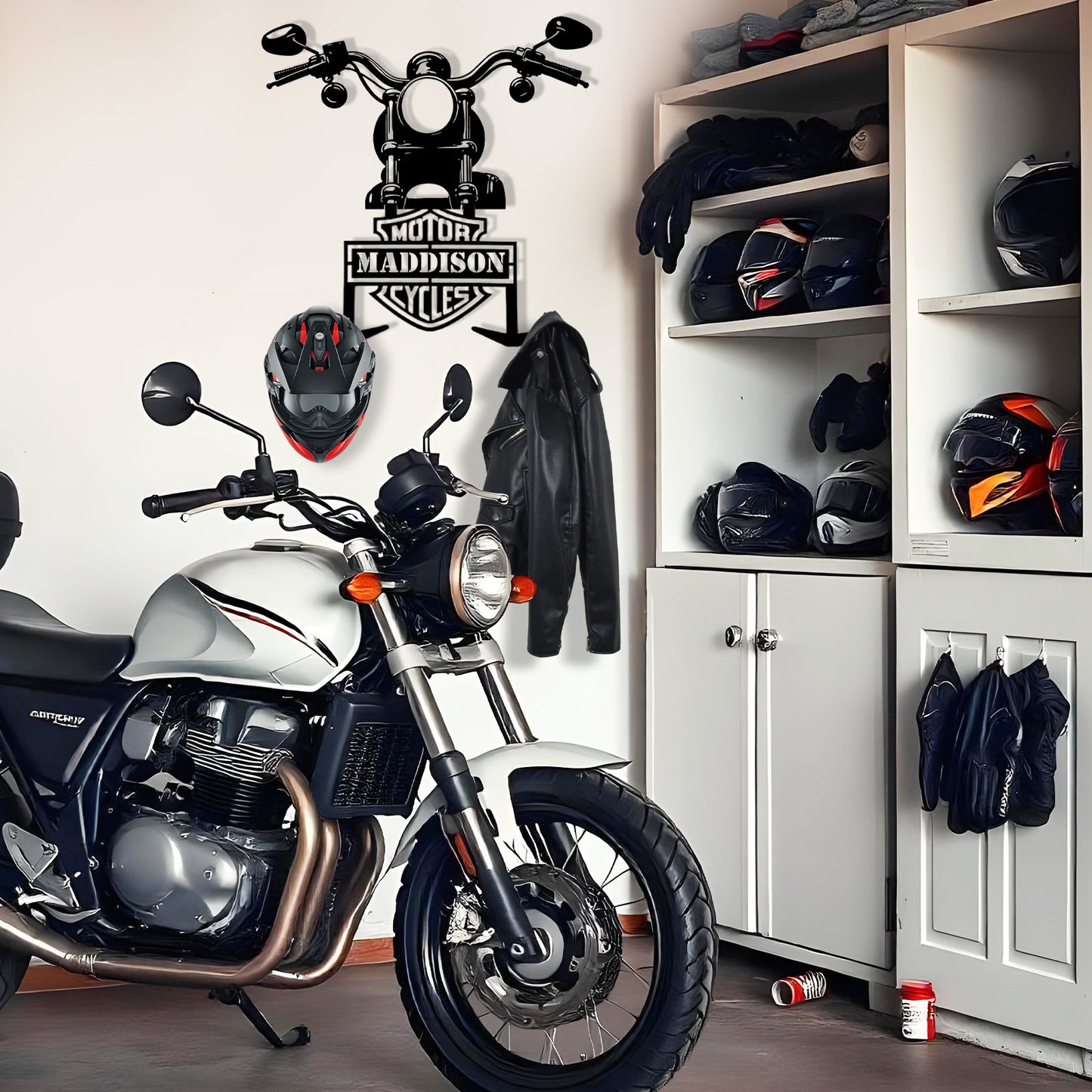 Custom Motorcycle Front View Helmet Holder Wall Mount, Personalized Metal Motorcycle Hanger with Hooks, Garage Organizer Rack for Helmet and Jacket