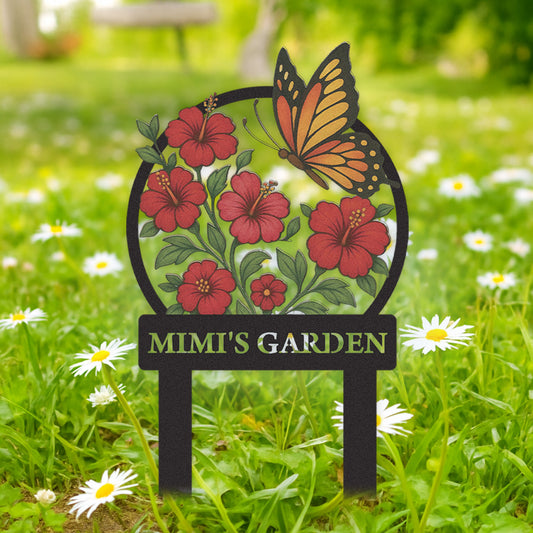 Personalized Garden Sign with Red Hibiscus Flowers and Butterfly, Custom Metal Yard Stake for Gardeners, Colorful Outdoor Garden Name Sign Decor