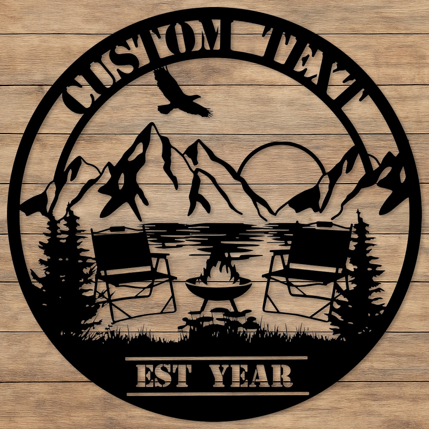 Custom Camping Lake Metal Sign, Personalized Mountain Sunset Firepit Wall Art with Chairs and Name, Outdoor Decor for Cabin or Campsite