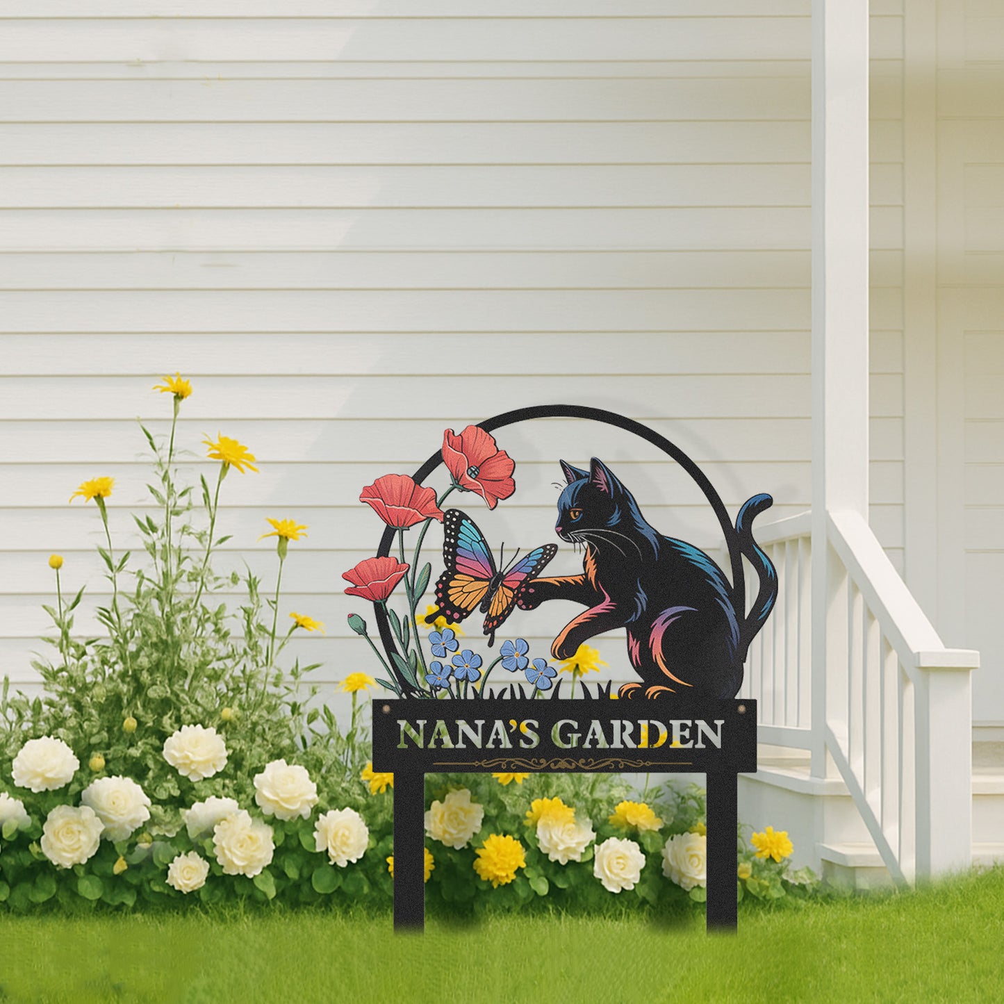 Personalized Cat Garden Sign with Flowers and Butterfly, Custom Metal Yard Sign for Cat Lovers, Colorful Outdoor Garden Stake Decor with Custom Name