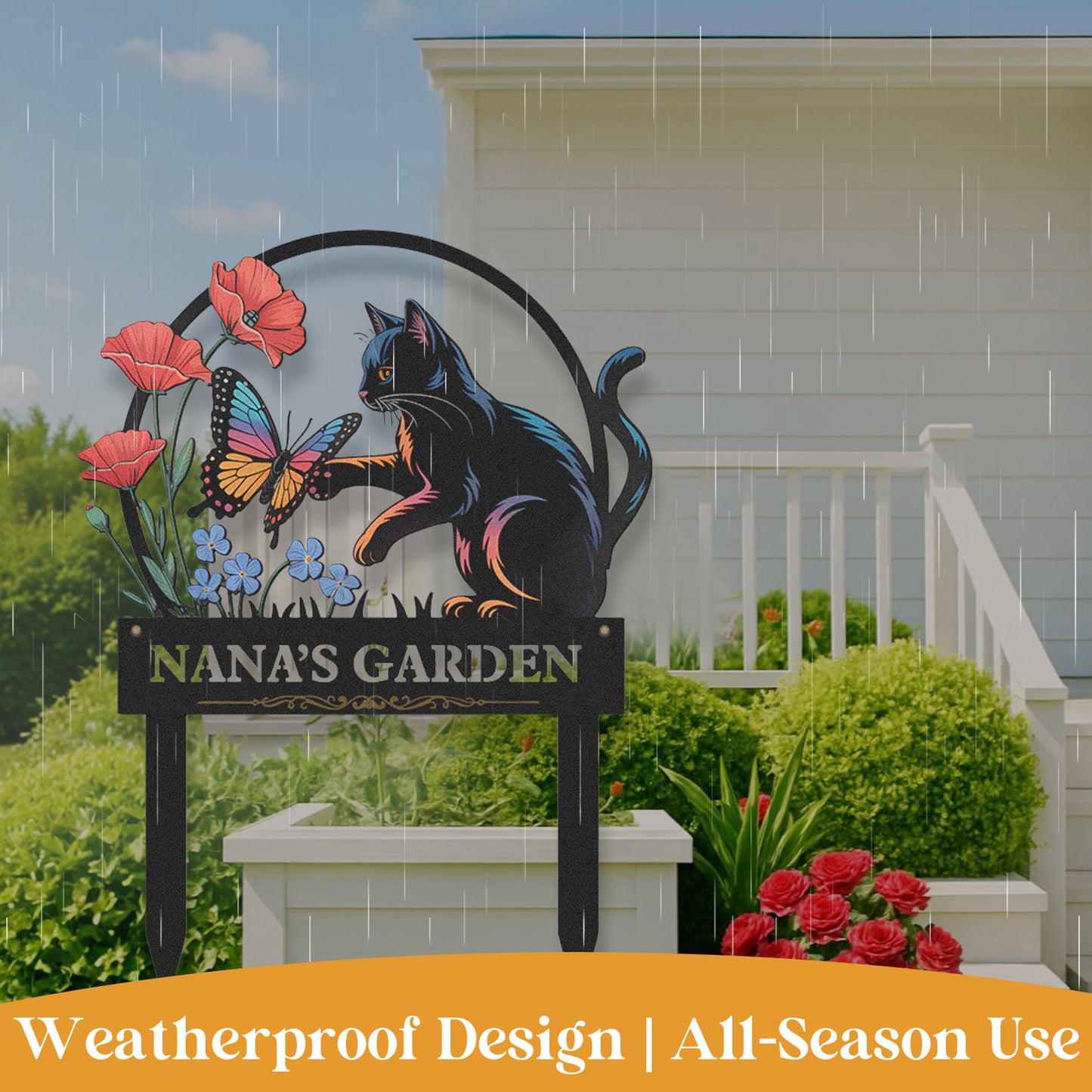 Personalized Cat Garden Sign with Flowers and Butterfly, Custom Metal Yard Sign for Cat Lovers, Colorful Outdoor Garden Stake Decor with Custom Name