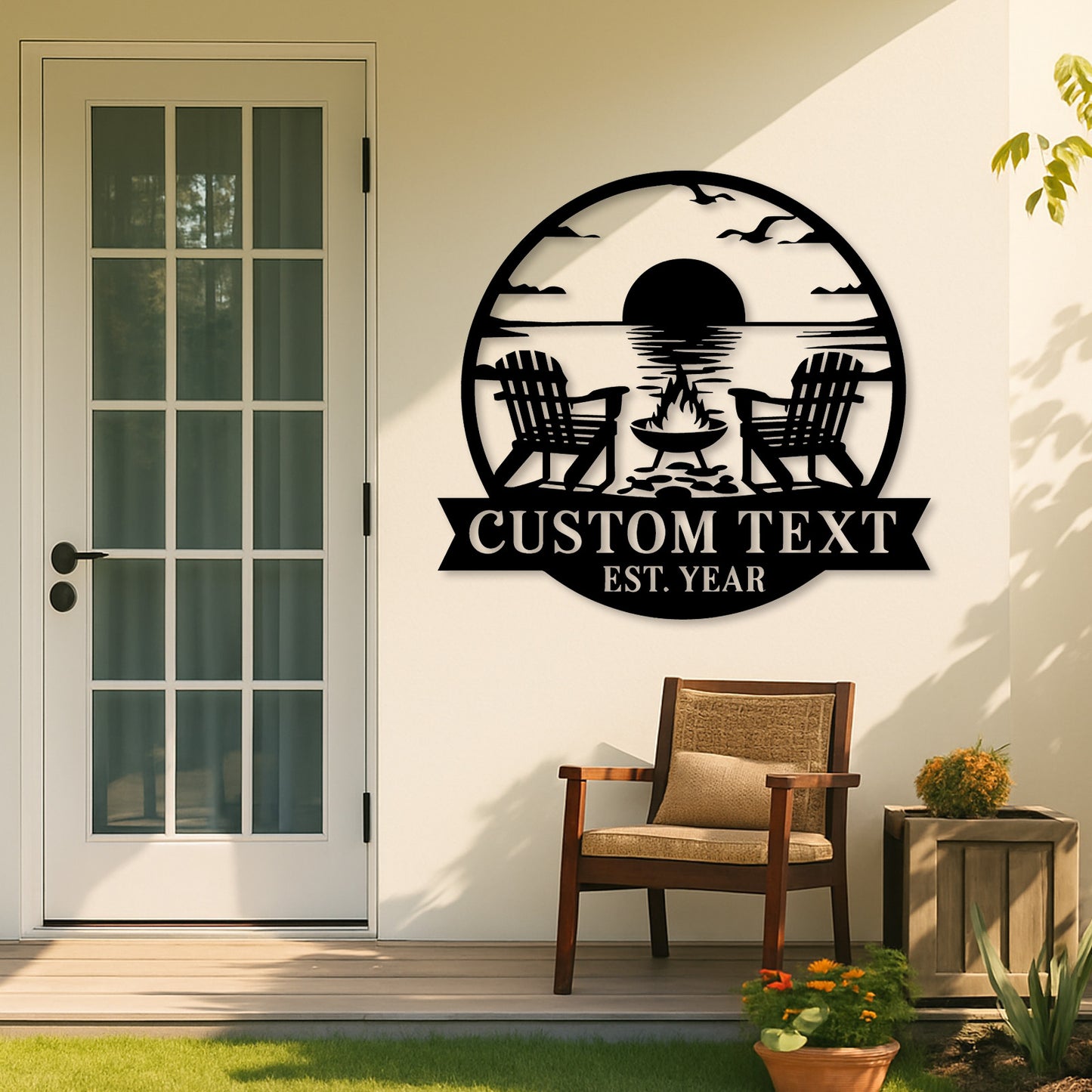Custom Lake Sunset Metal Sign, Personalized Firepit and Adirondack Chair Wall Art for Cabin, Porch, or Backyard Outdoor Decor