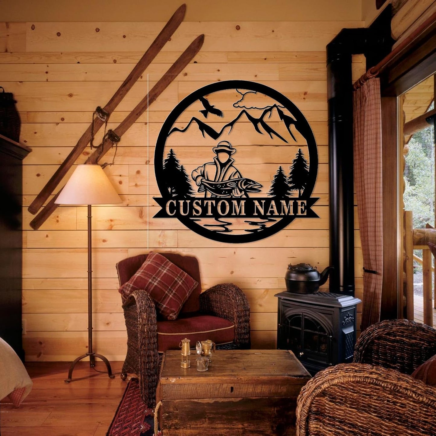 Bass Fishing in Forest Metal Sign, Rustic Wall Decor for Lake House & Cabins