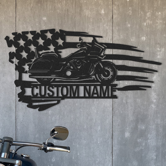 Custom American Flag Motorcycle Metal Sign, Personalized Cruiser Bike Wall Art, Patriotic Garage Decor, Biker Gift for Dad, Husband or Veteran