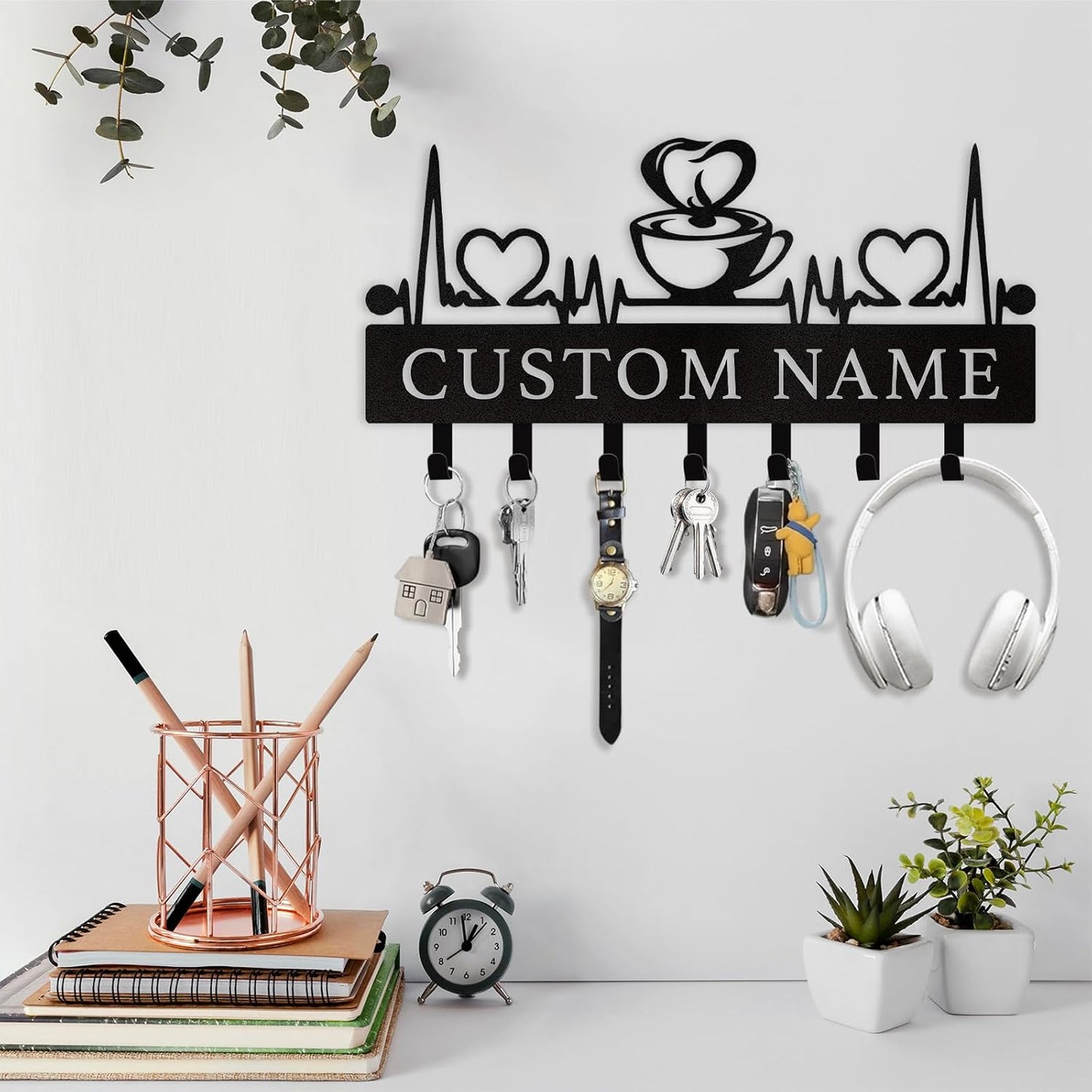 Coffee Lover Key Holder Metal Wall Organizer Custom Name Coffee Bar & Kitchen Decor
