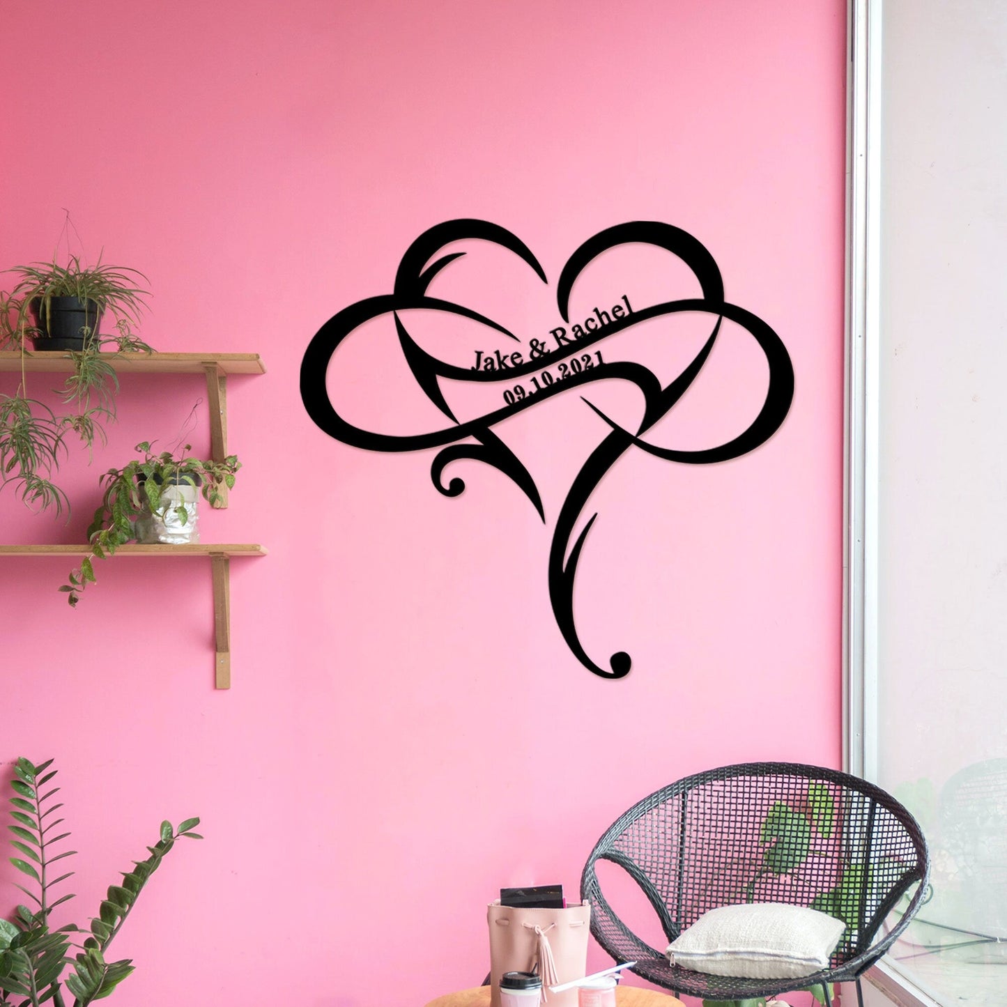 Custom Wedding Metal Sign of Name And Special Date with Heart Intertwined