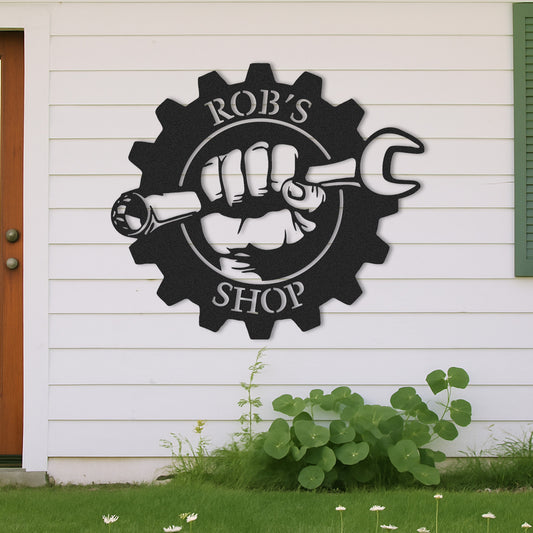 Custom Gear Workshop Metal Sign with Wrench, Personalized Garage Sign for Dad, Grandpa or Husband, Gift for Father��s Day or Birthday