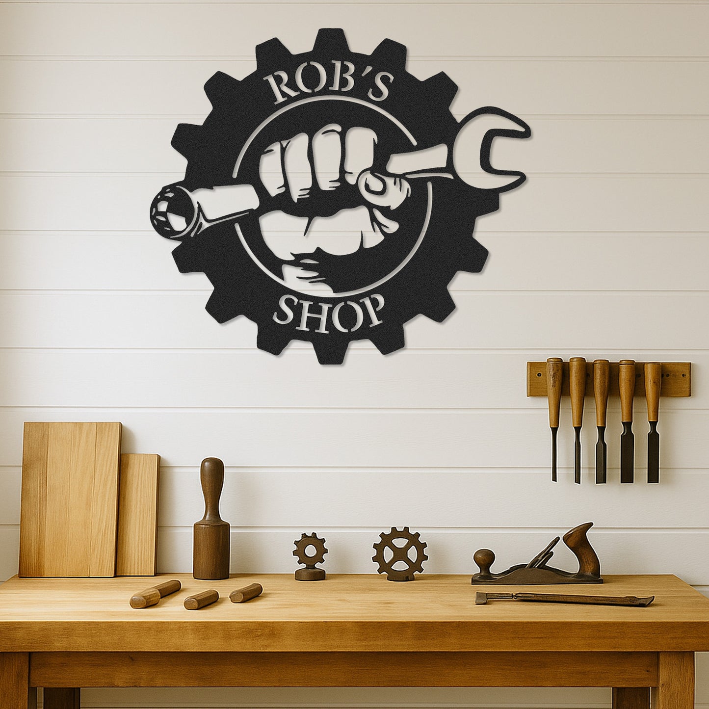 Custom Gear Workshop Metal Sign with Wrench, Personalized Garage Sign for Dad, Grandpa or Husband, Gift for Father��s Day or Birthday