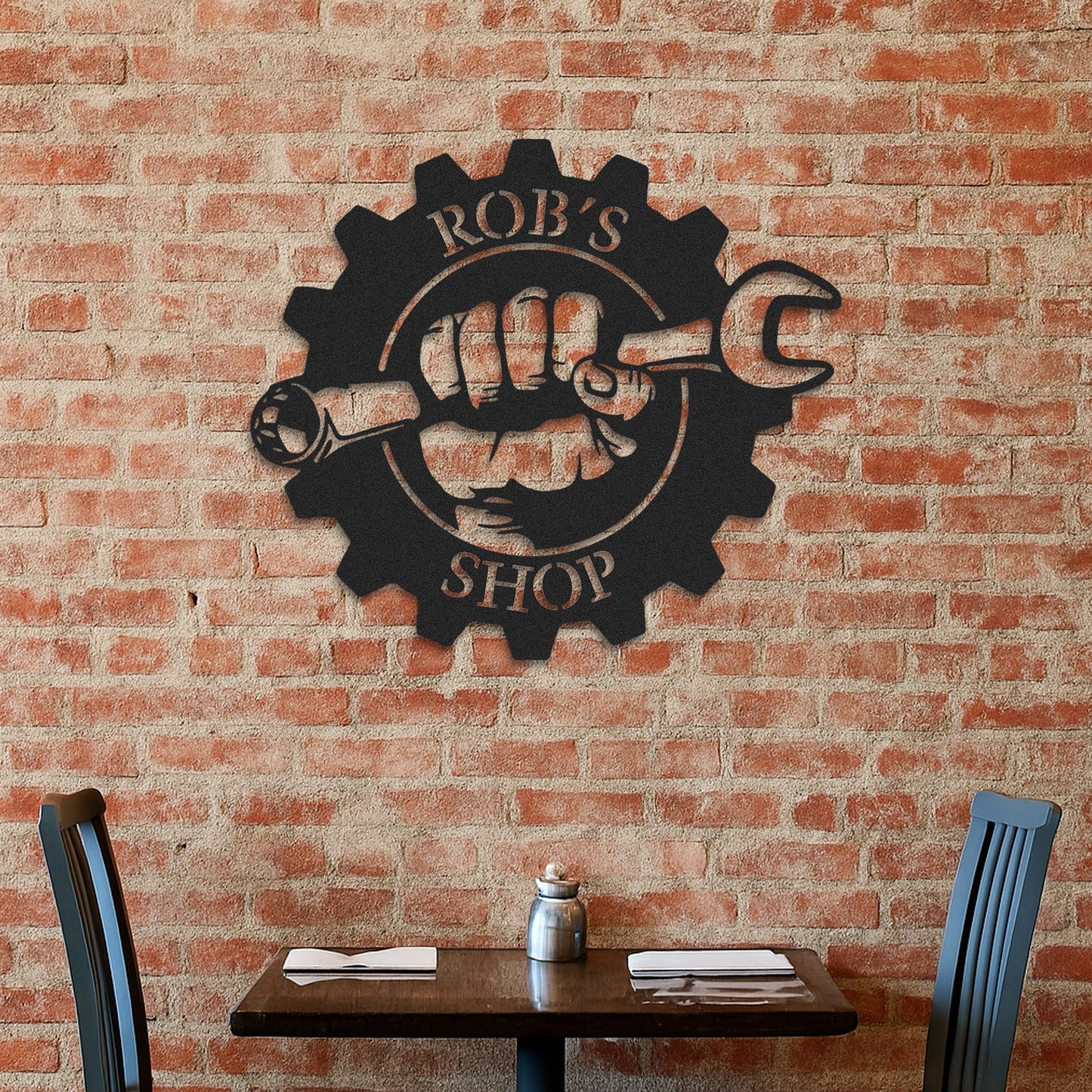 Custom Gear Workshop Metal Sign with Wrench, Personalized Garage Sign for Dad, Grandpa or Husband, Gift for Father��s Day or Birthday