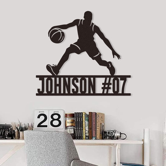 Custom Basketball Dribble Metal Sign, Personalized Name & Number Wall Art for Boys Room, Sports Fan Gift or Team Tribute