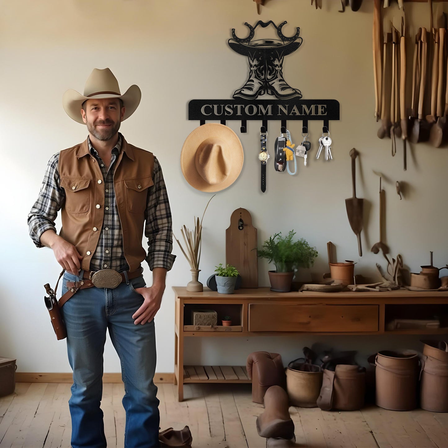Personalized Cowboy Coat Hooks, Cowboy Boots Key Holder Wall Mount, Clothes Cowboy Hat Rack and Backpack Hanger, Western Wall Decor, Metal Key Rack Organizer for Living Room Bedroom Color06