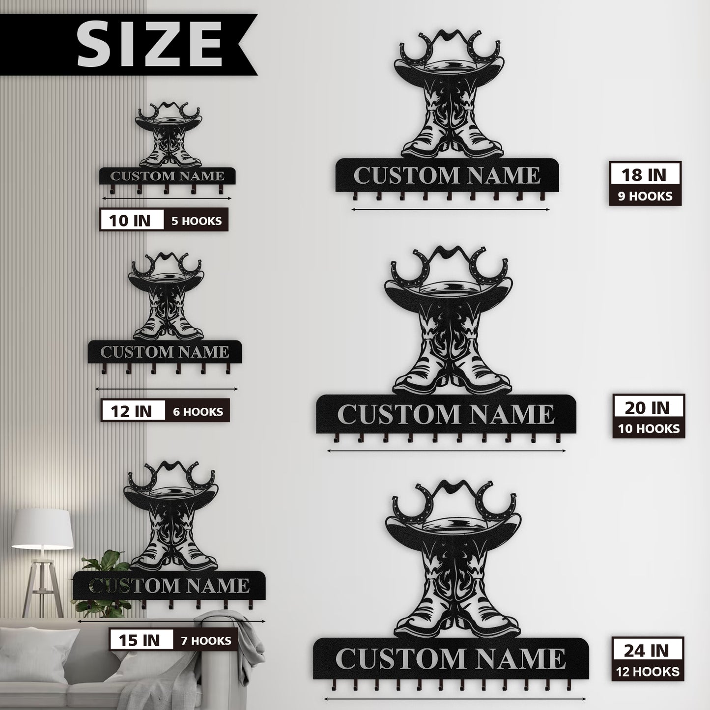 Personalized Cowboy Coat Hooks, Cowboy Boots Key Holder Wall Mount, Clothes Cowboy Hat Rack and Backpack Hanger, Western Wall Decor, Metal Key Rack Organizer for Living Room Bedroom Color06