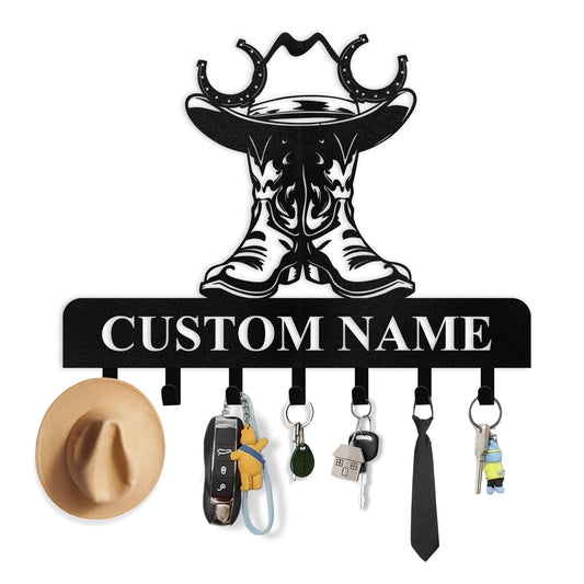 Personalized Cowboy Coat Hooks, Cowboy Boots Key Holder Wall Mount, Clothes Cowboy Hat Rack and Backpack Hanger, Western Wall Decor, Metal Key Rack Organizer for Living Room Bedroom Color06