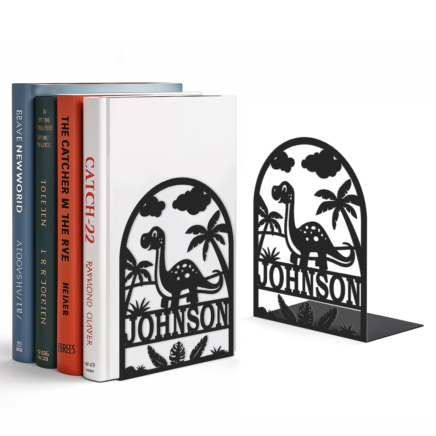 Personalized Name Book Ends Metal, Heavy Duty Bookends for Shelves Decorative, Dinosaur Non-Slip Book Stopper, Modern Bookshelf Decor for Home Office Desk, Gifts for Readers Color08