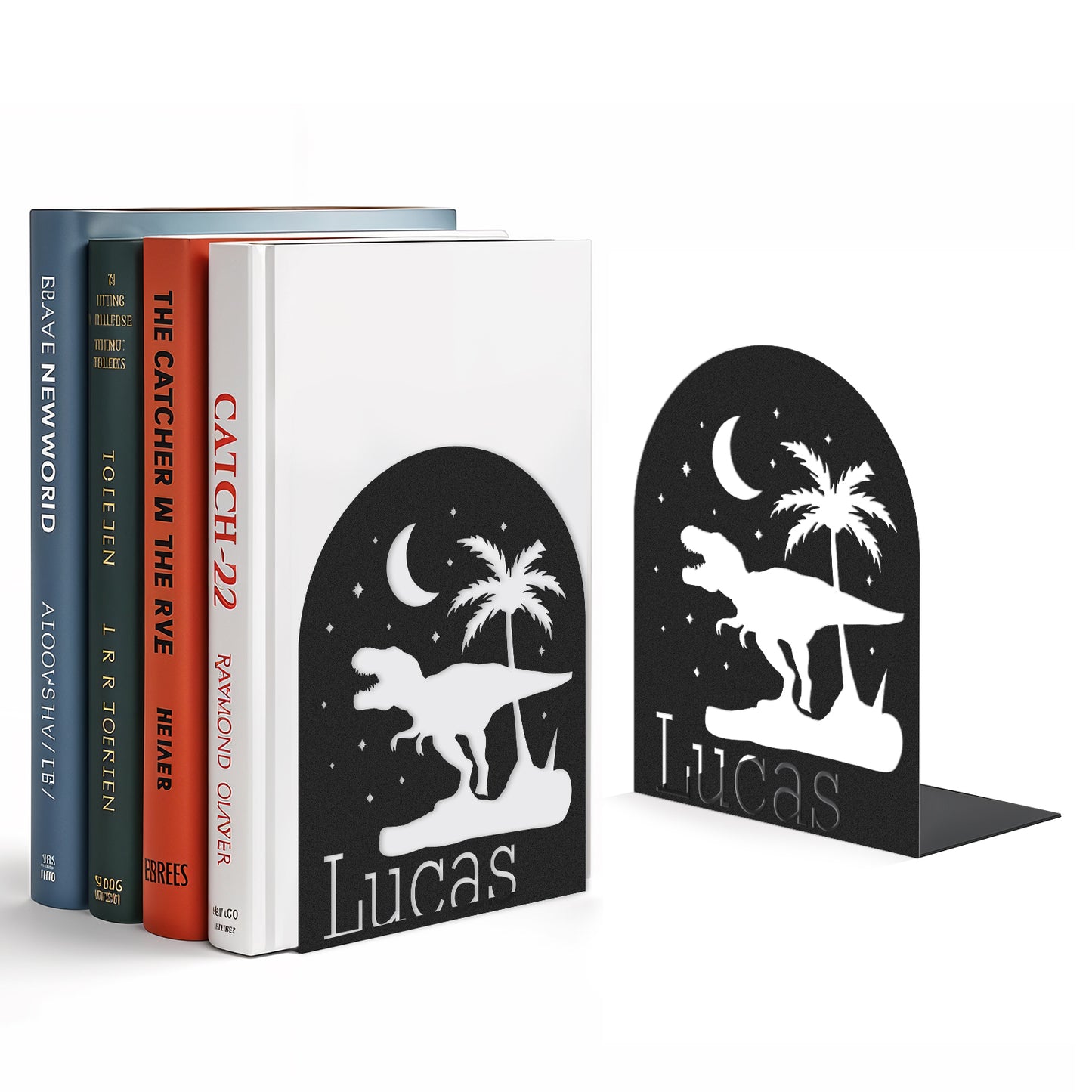 Personalized Name Book Ends Metal, Heavy Duty Bookends for Shelves Decorative, Dinosaur Non-Slip Book Stopper, Modern Bookshelf Decor for Home Office Desk, Gifts for Readers Color08