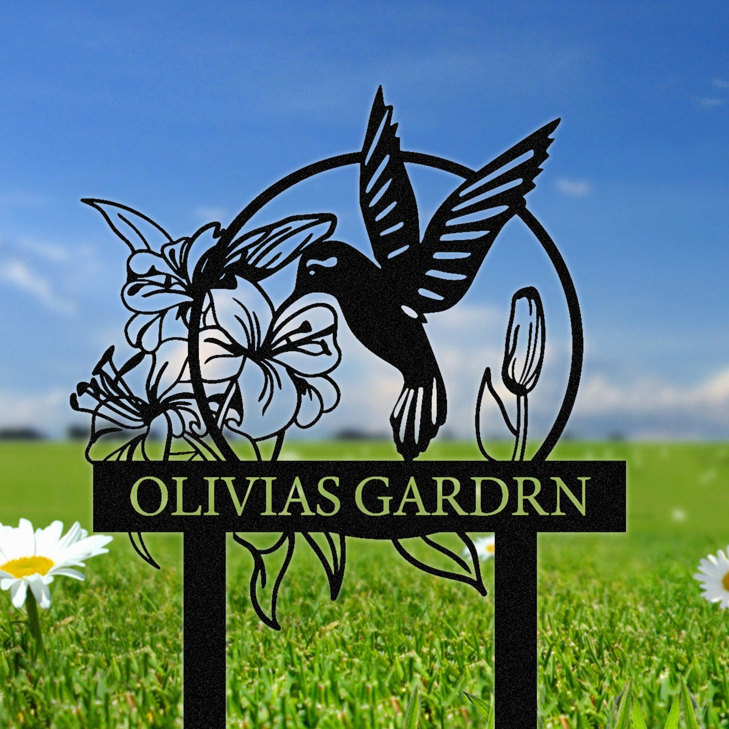 Custom Garden Stake Metal Sign, Personalized Floral Name Plaque with Birds and Butterflies, Outdoor Yard Decor for Gardeners