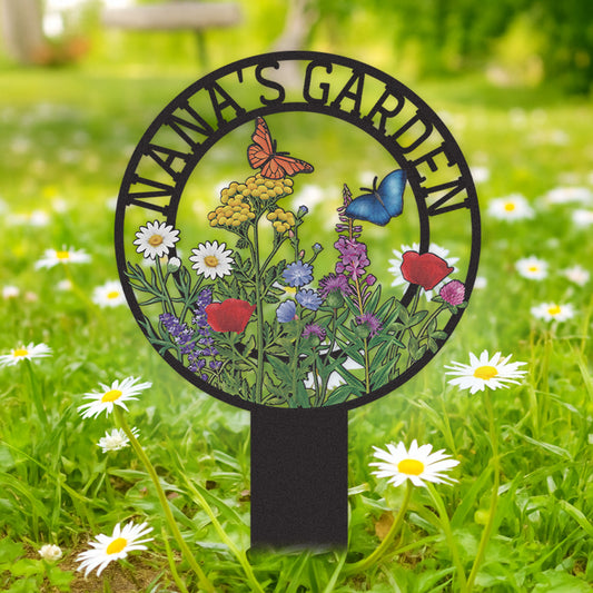 Personalized Garden Sign for Nana, Custom Metal Round Garden Stake with Wildflowers and Butterflies, Colorful Yard Sign for Outdoor Decor