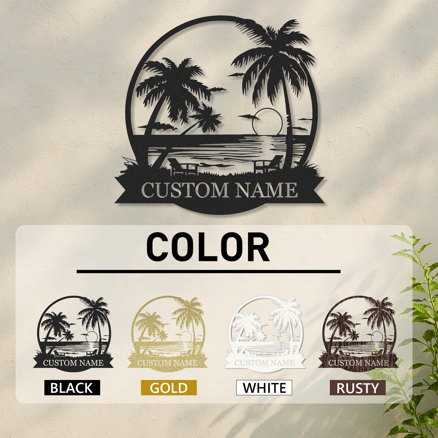 Custom Beach Sunset Metal Sign, Personalized Palm Tree and Ocean View Wall Art for Tropical Patio, Poolside, or Coastal Home Decor