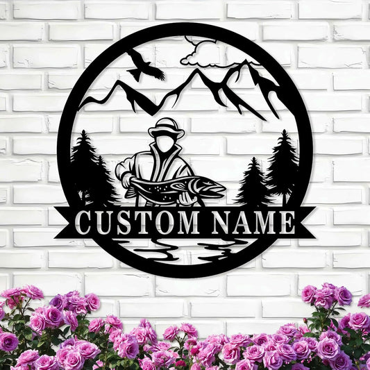Bass Fishing in Forest Metal Sign, Rustic Wall Decor for Lake House & Cabins