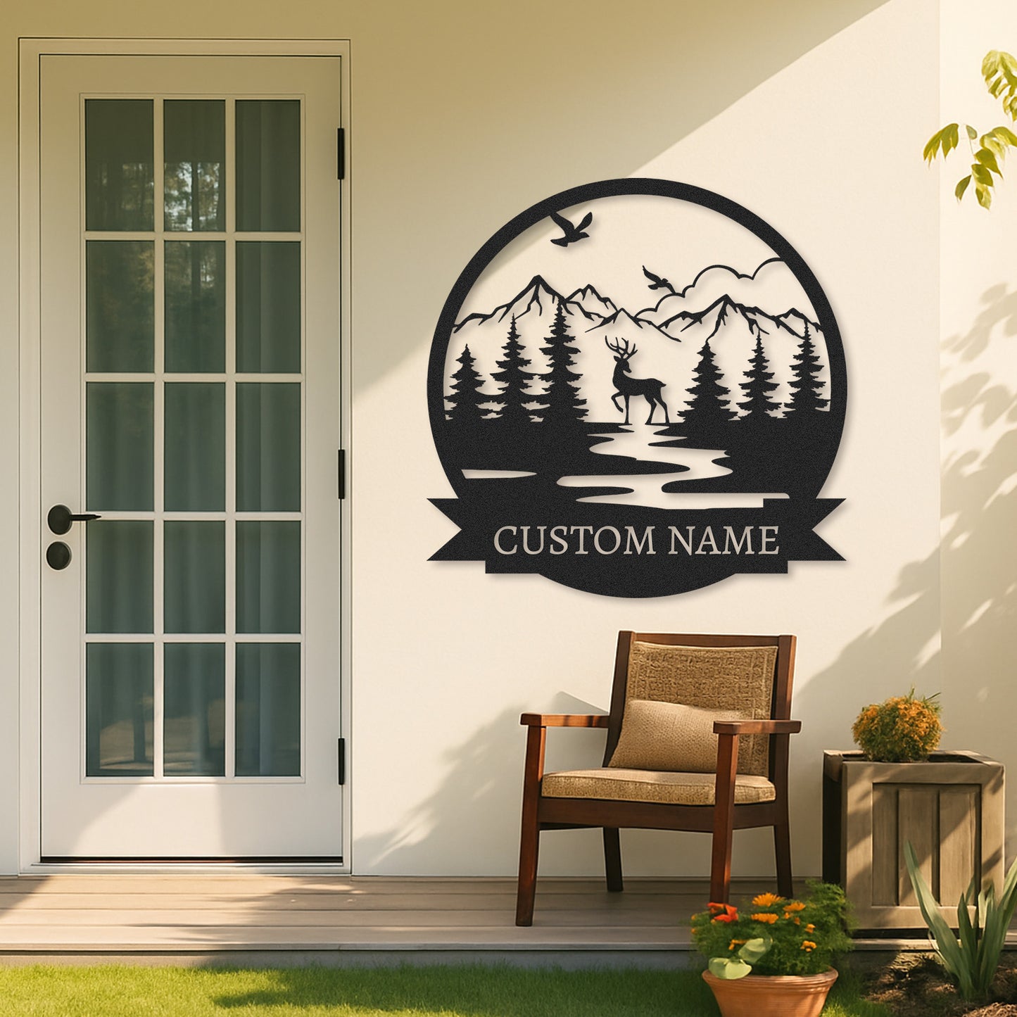 Custom Deer Name Sign, Mountain River Wildlife Scene Metal Art, Personalized Gift for Hunters or Nature Lovers