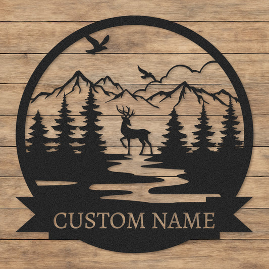 Custom Deer Name Sign, Mountain River Wildlife Scene Metal Art, Personalized Gift for Hunters or Nature Lovers