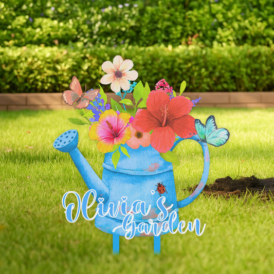Personalized Watering Can Garden Sign, Custom Colorful Floral Metal Yard Stake with Butterfly, Outdoor Garden Decor Name Sign for Flower Lovers, Gift for Gardeners