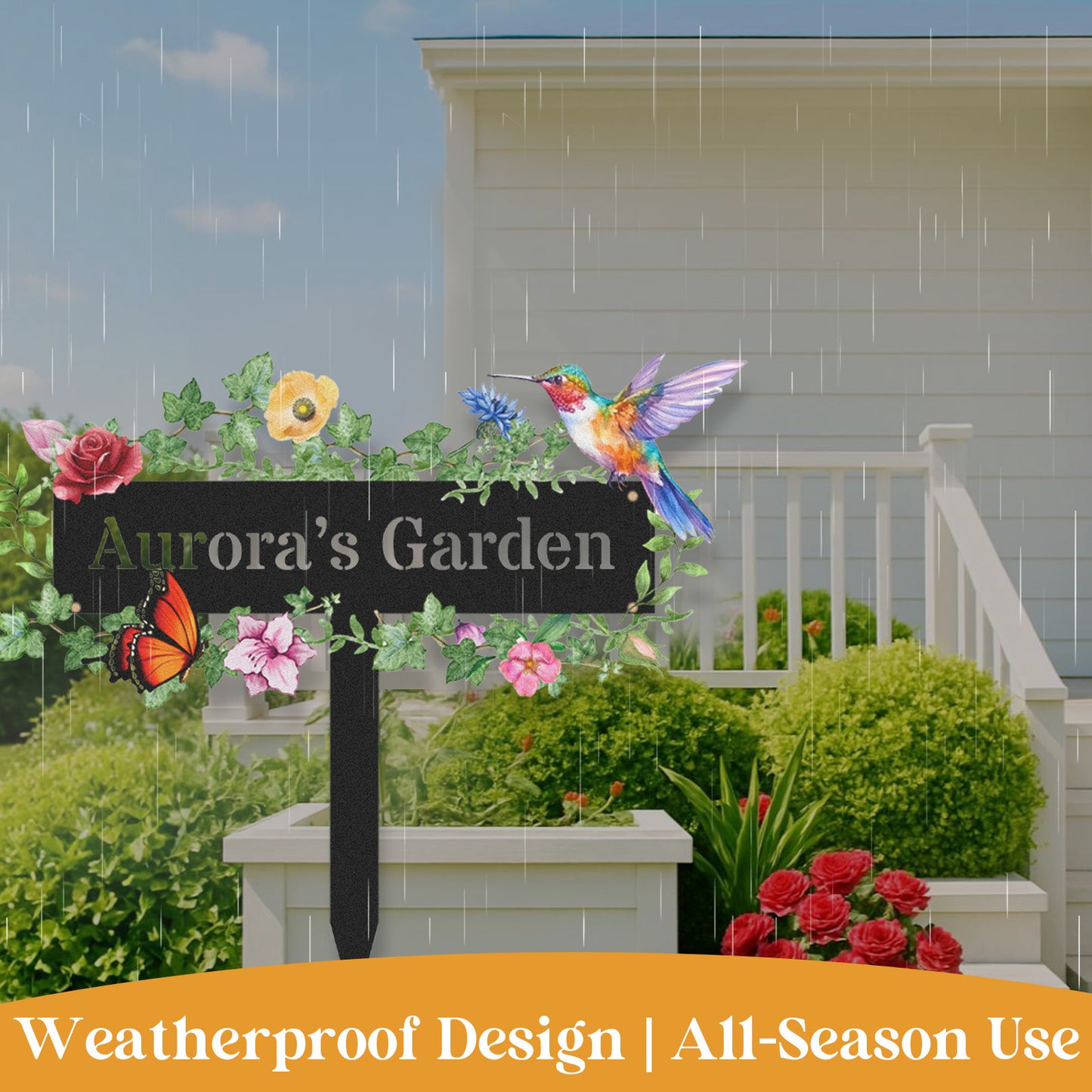 Custom Garden Sign with Vine Leaves and Hummingbird, Personalized Floral Metal Yard Stake with Butterfly, Outdoor Garden Decor Gift for Flower Lovers and Nature Enthusiasts