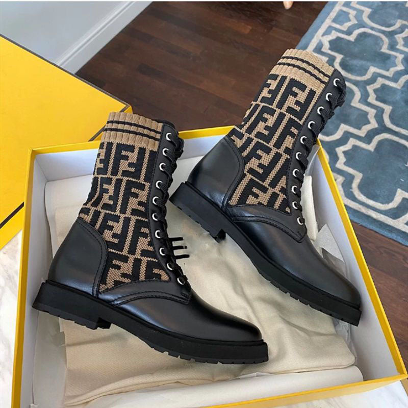 Autumn and winter flat lace-up knitted stitching martin boots high-top low-heel thick-heeled elastic ankle boots