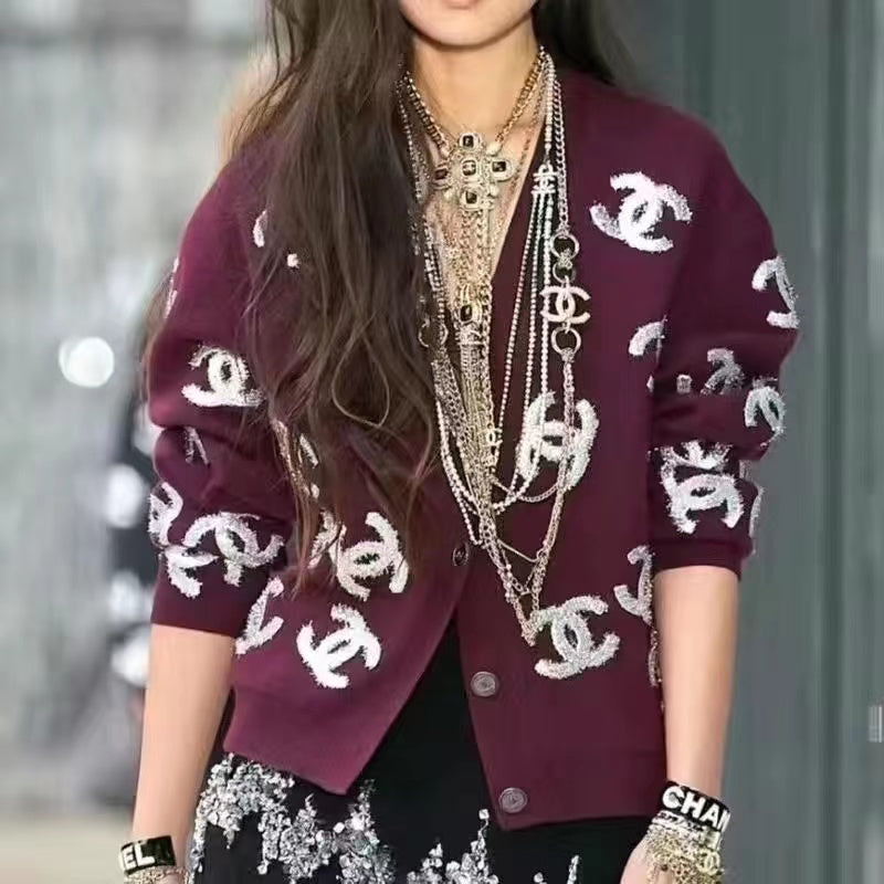 Original standard loose version V-neck double C three-dimensional cardigan knitted jacket