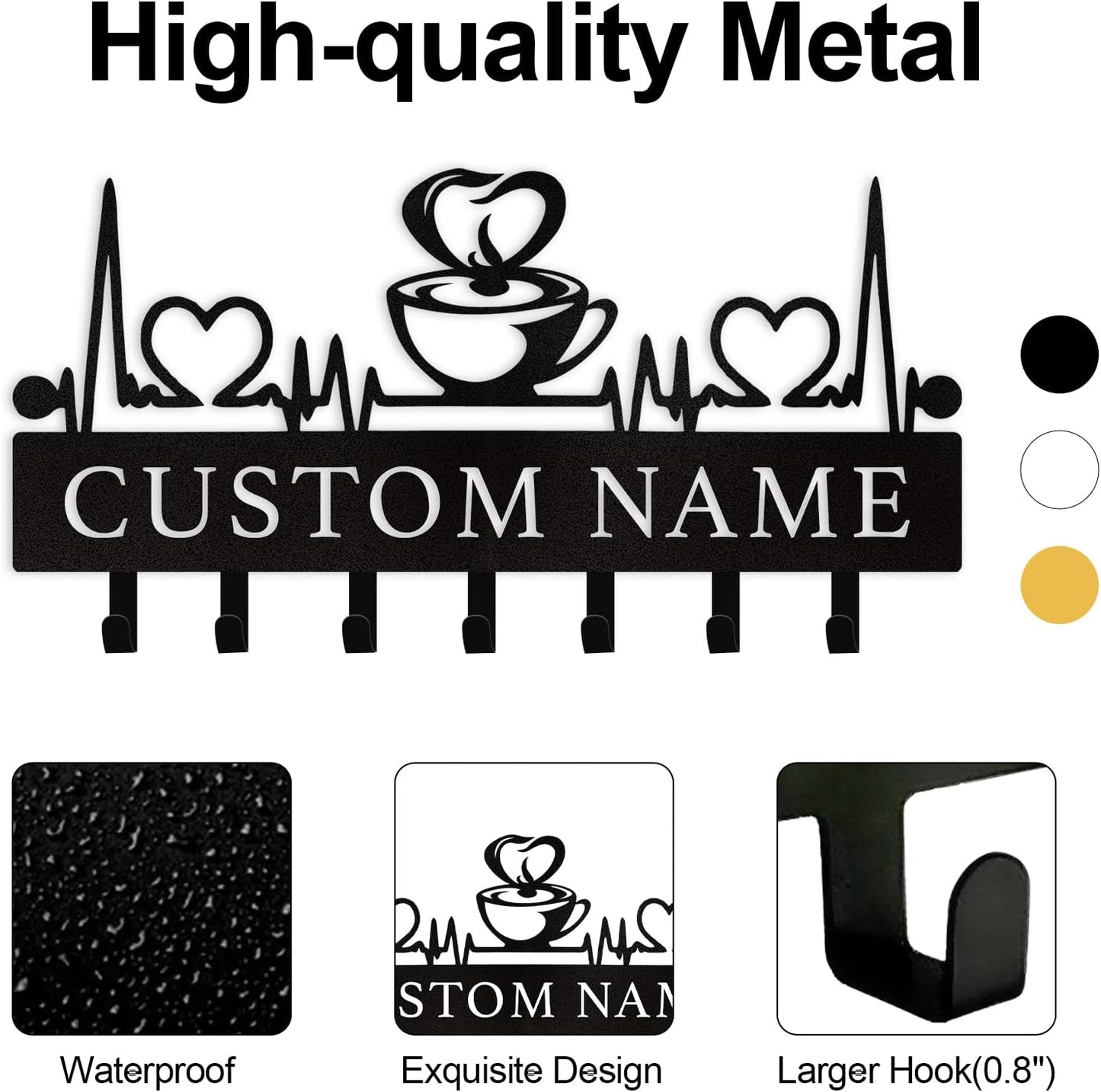 Coffee Lover Key Holder Metal Wall Organizer Custom Name Coffee Bar & Kitchen Decor