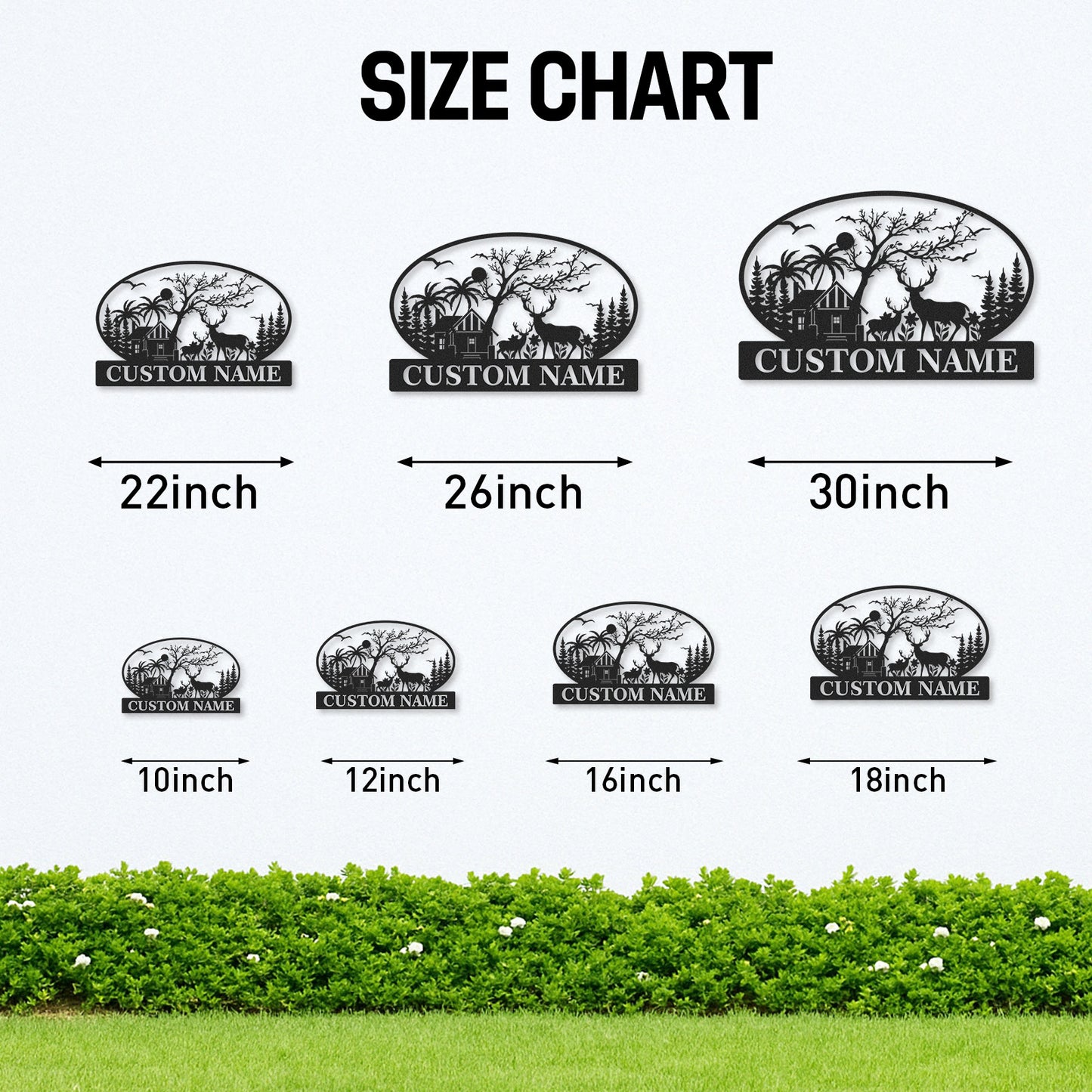 Custom Family Name Metal Sign with Deer Cabin and Trees, Personalized Woodland and Tropical House Decor
