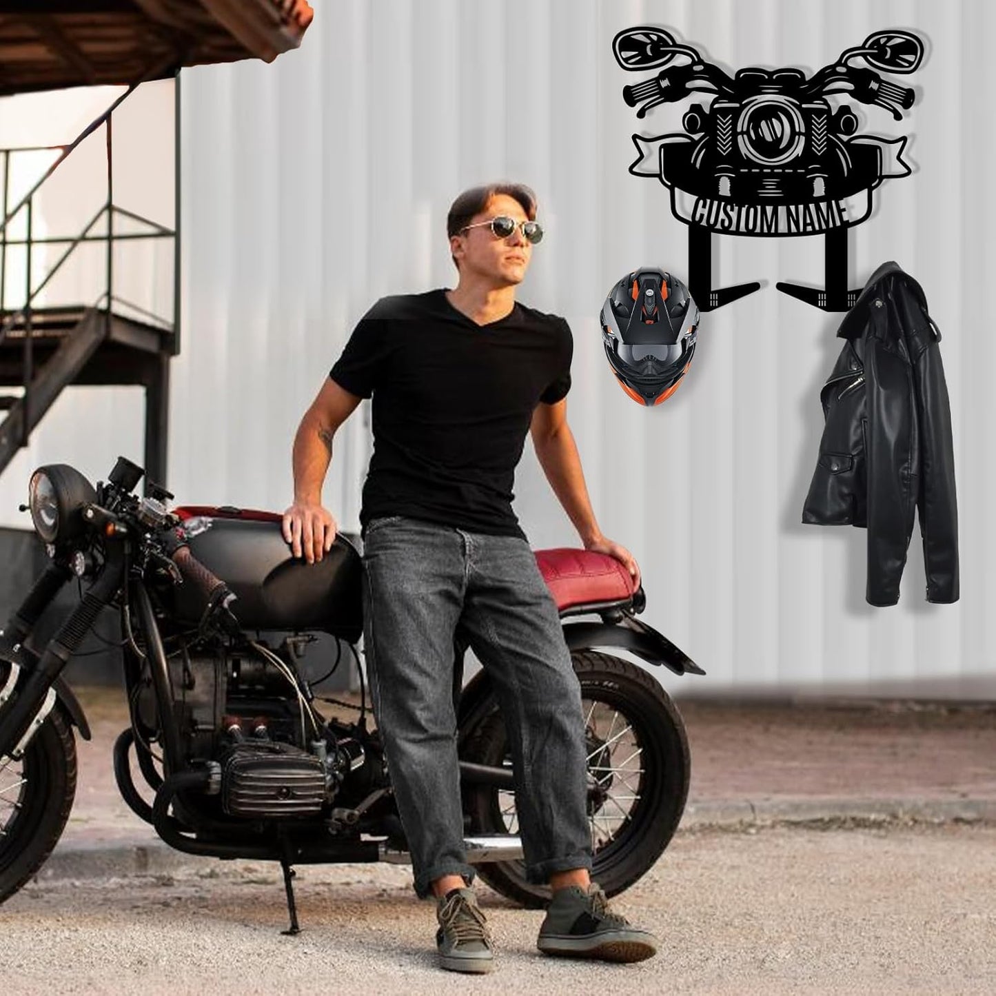 Motorcycle Helmet & Jacket Iron Wall Hanger , Personalized Garage Decor
