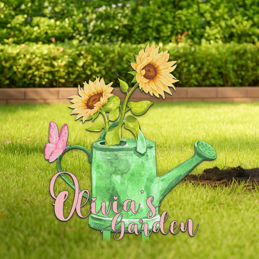 Personalized Watering Can Garden Sign with Sunflowers, Custom Outdoor Metal Yard Sign with Butterfly, Colorful Garden Decor for Grandma, Mom, Mother's Day Gift