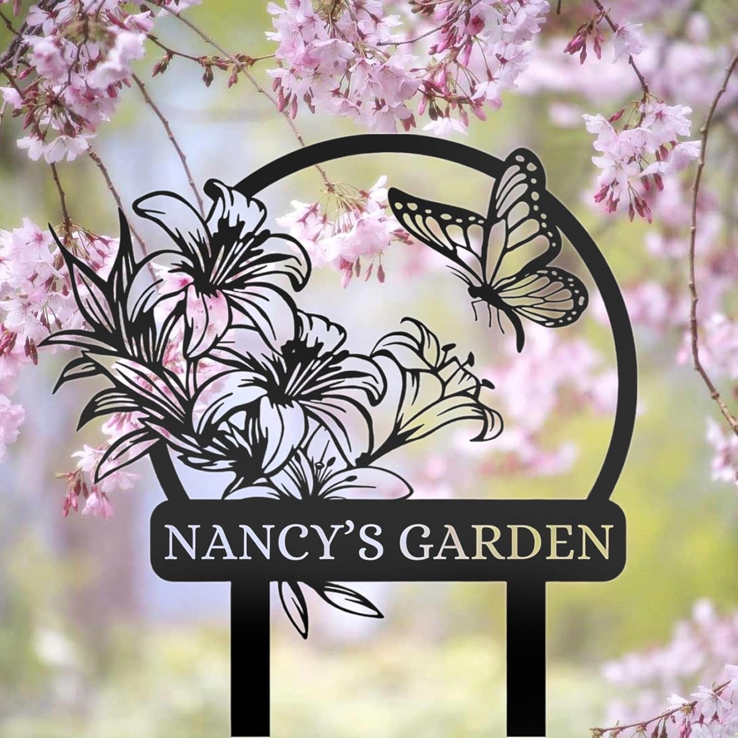 Custom Butterfly Garden Sign with Name, Personalized Metal Yard Stake for Outdoor Decor