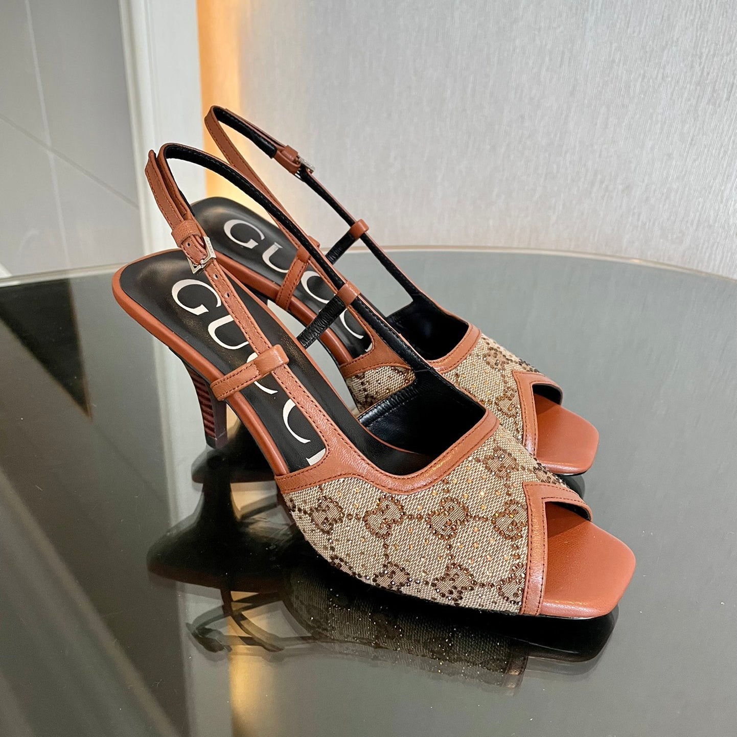 New G logo mesh rhinestone high-heeled sandals XC16060702