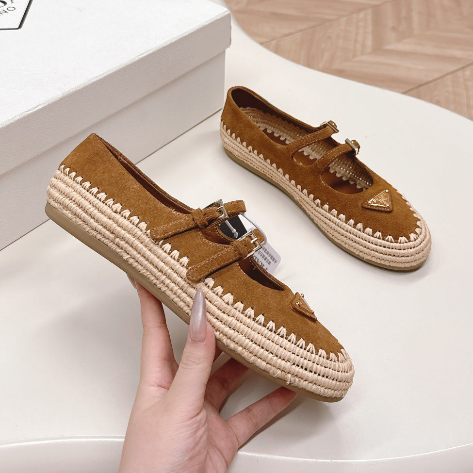 Raffia Straw Mary Jane Flat Single Shoes 1025051503