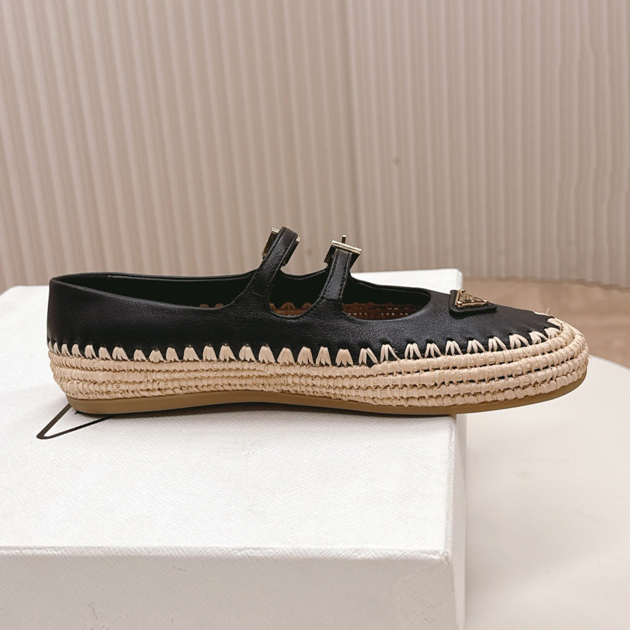 Raffia Straw Mary Jane Flat Single Shoes 1025051503