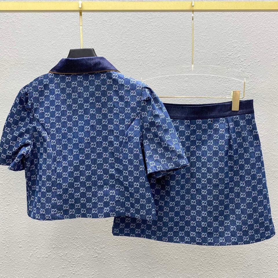 New spring and summer lapel short top + skirt jacquard monogram full print short sleeve coat