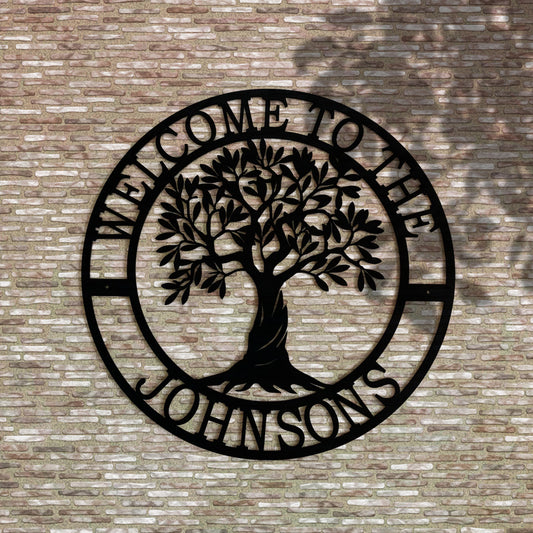 Custom Olive Tree Welcome Sign Metal Carved Family Name for Entryway Decoration