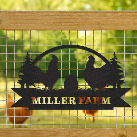 Personalized Farm Name Sign with Chicken Scene, Custom Metal Wall Art for Coop, Barn or Garden Fence